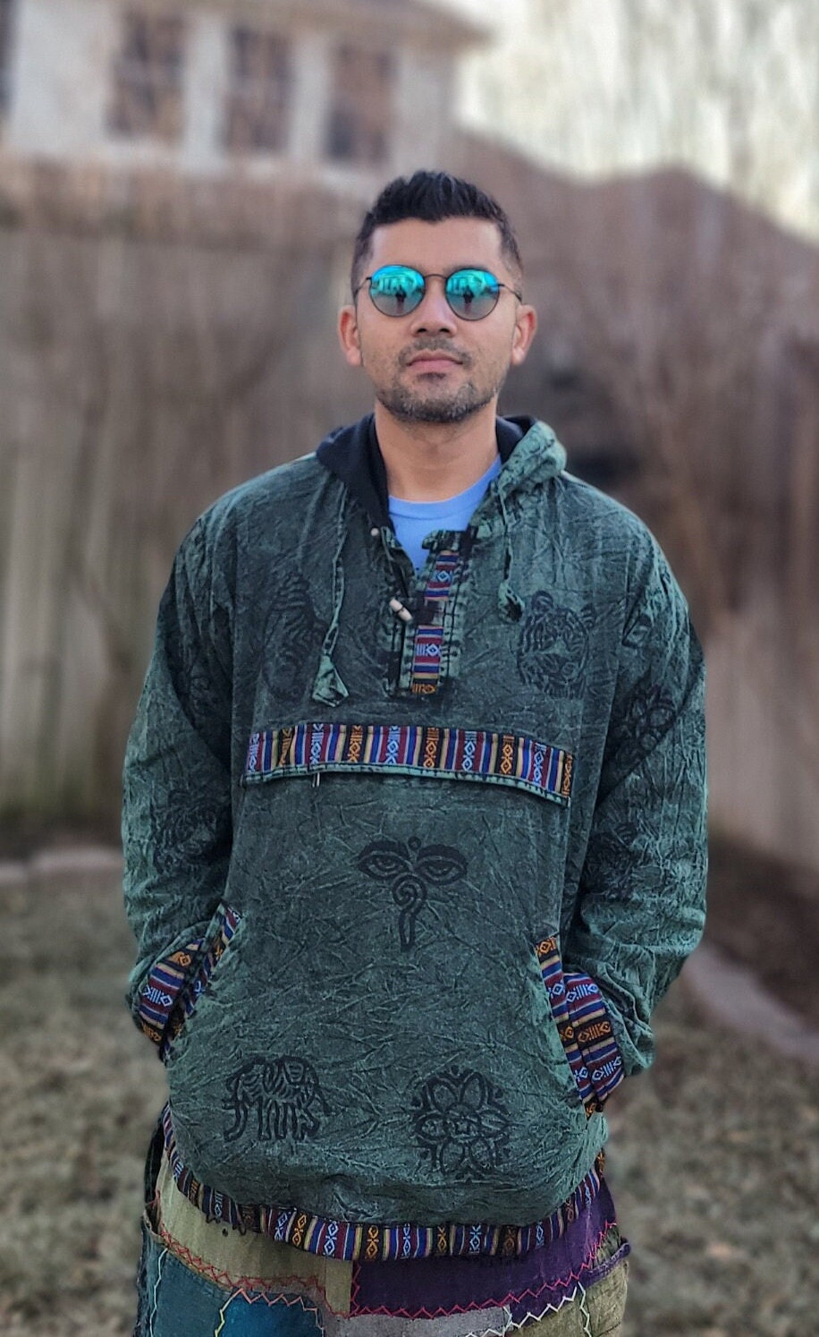 Namaste Hippie Unisex Multicolored Stonewashed Printed Nepalese Art Fleece lined Pullover Limited Edition Handmade Authentic Warm Pullover