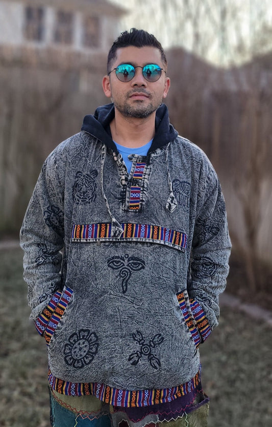 Namaste Hippie Unisex Multicolored Stonewashed Printed Nepalese Art Fleece lined Pullover Limited Edition Handmade Authentic Warm Pullover