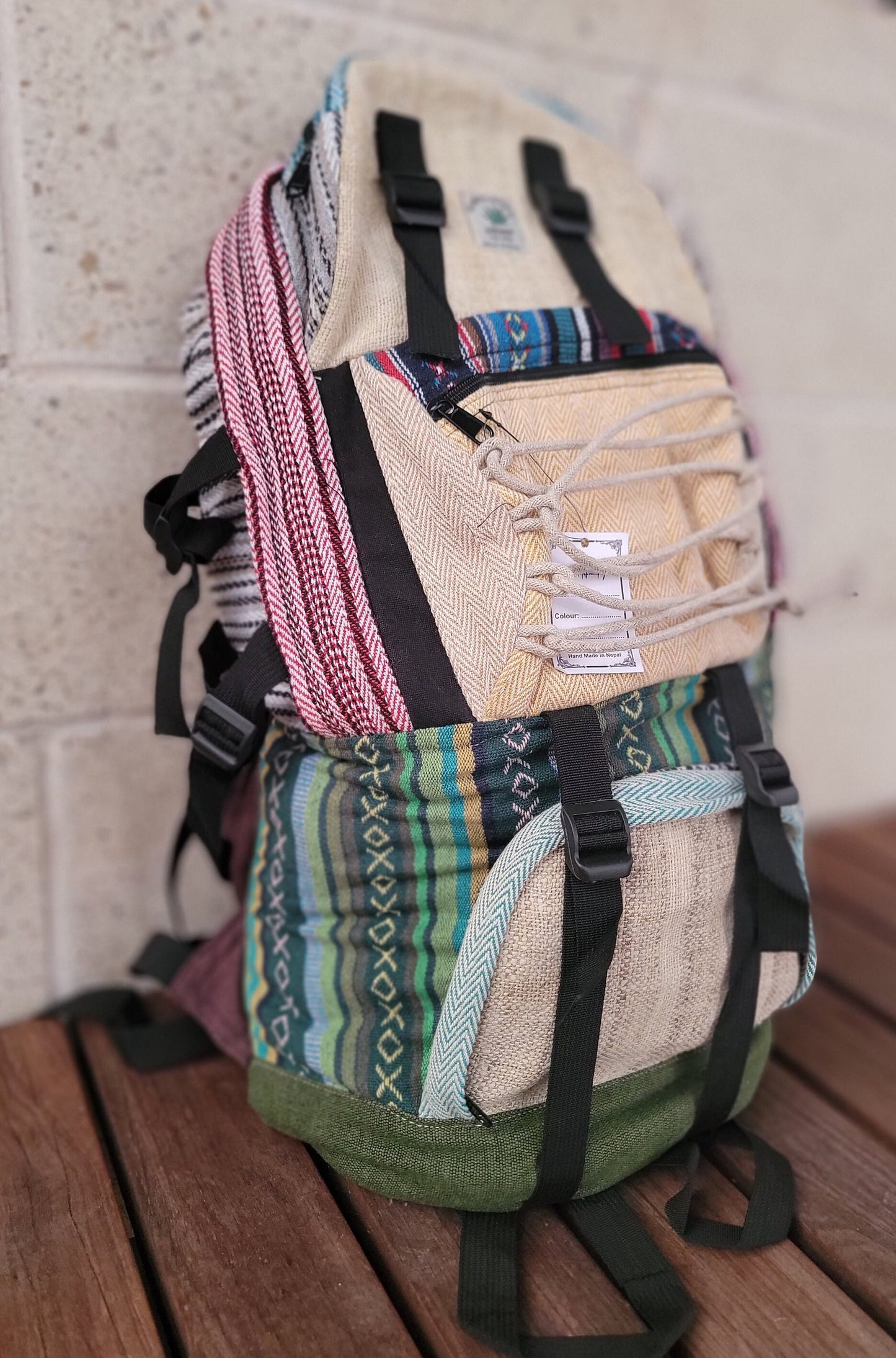 Namaste Fashionable Unisex Multicolor Natural Gheri Handmade Organic Trekking Hiking Vegan Eco-Friendly 50 L Backpack.