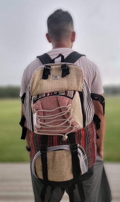 Namaste Fashionable Unisex Multicolor Natural Gheri Handmade Organic Trekking Hiking Vegan Eco-Friendly 50 L Backpack.