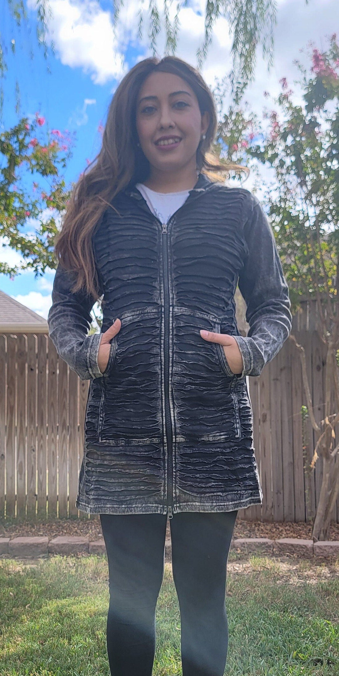 Namaste Handmade Women's Stonewashed Grey Cutting Goth Themed Long and Short Fleece lined and non-fleece lined Cotton Jacket.