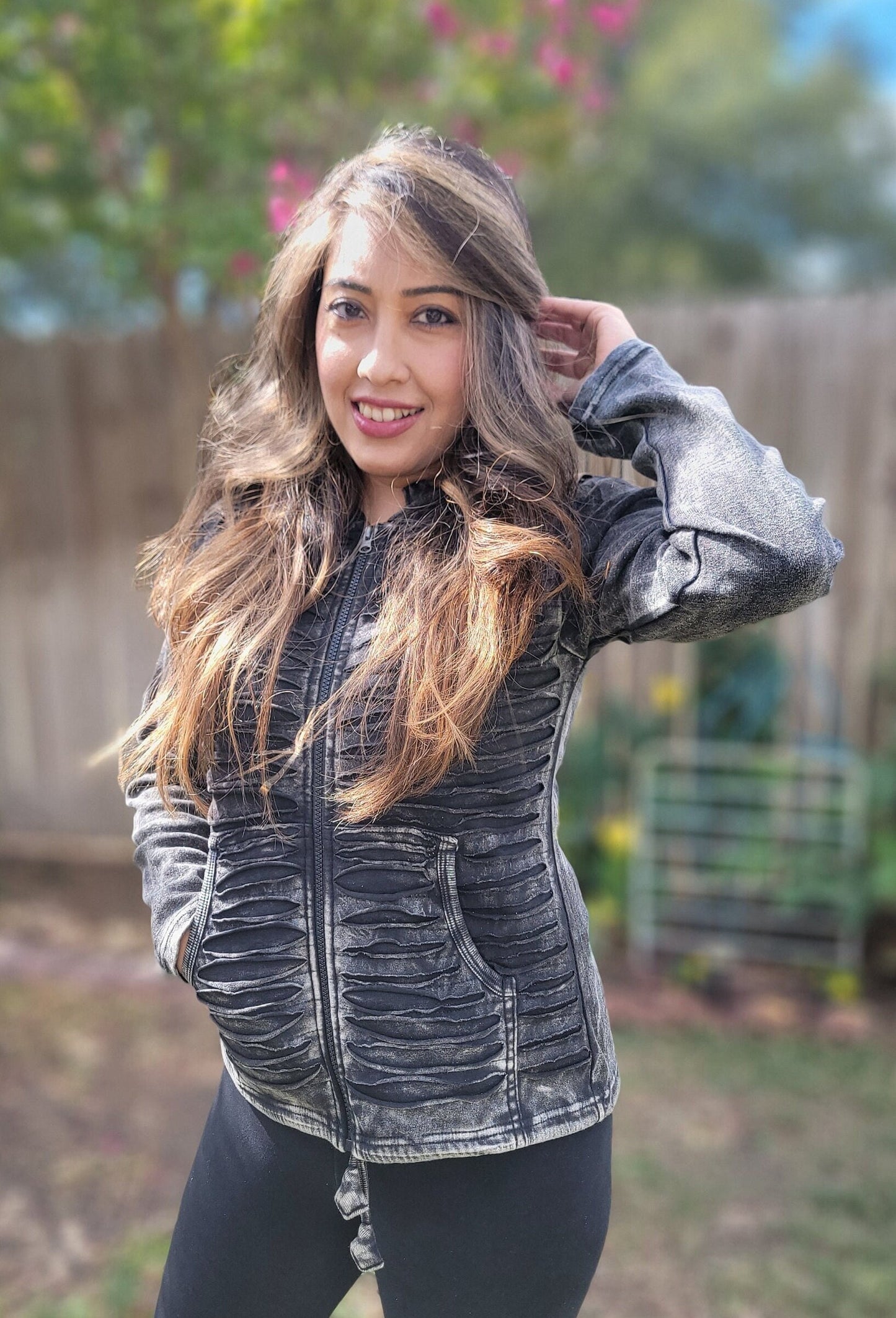 Namaste Handmade Women's Stonewashed Grey Cutting Goth Themed Long and Short Fleece lined and non-fleece lined Cotton Jacket.