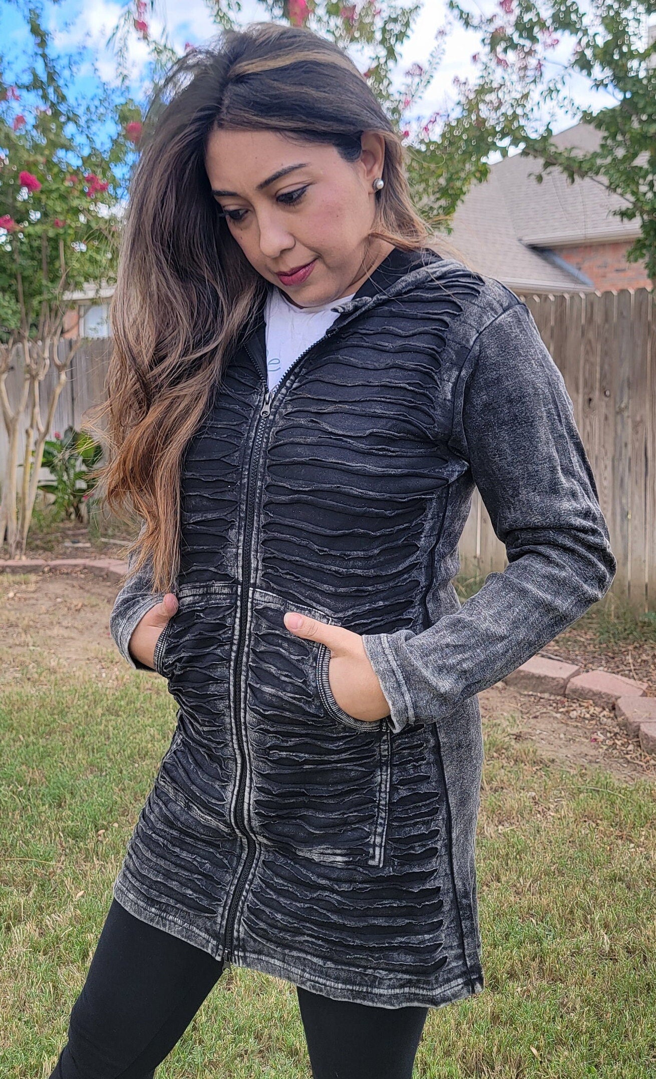 Namaste Handmade Women's Stonewashed Grey Cutting Goth Themed Long and Short Fleece lined and non-fleece lined Cotton Jacket.