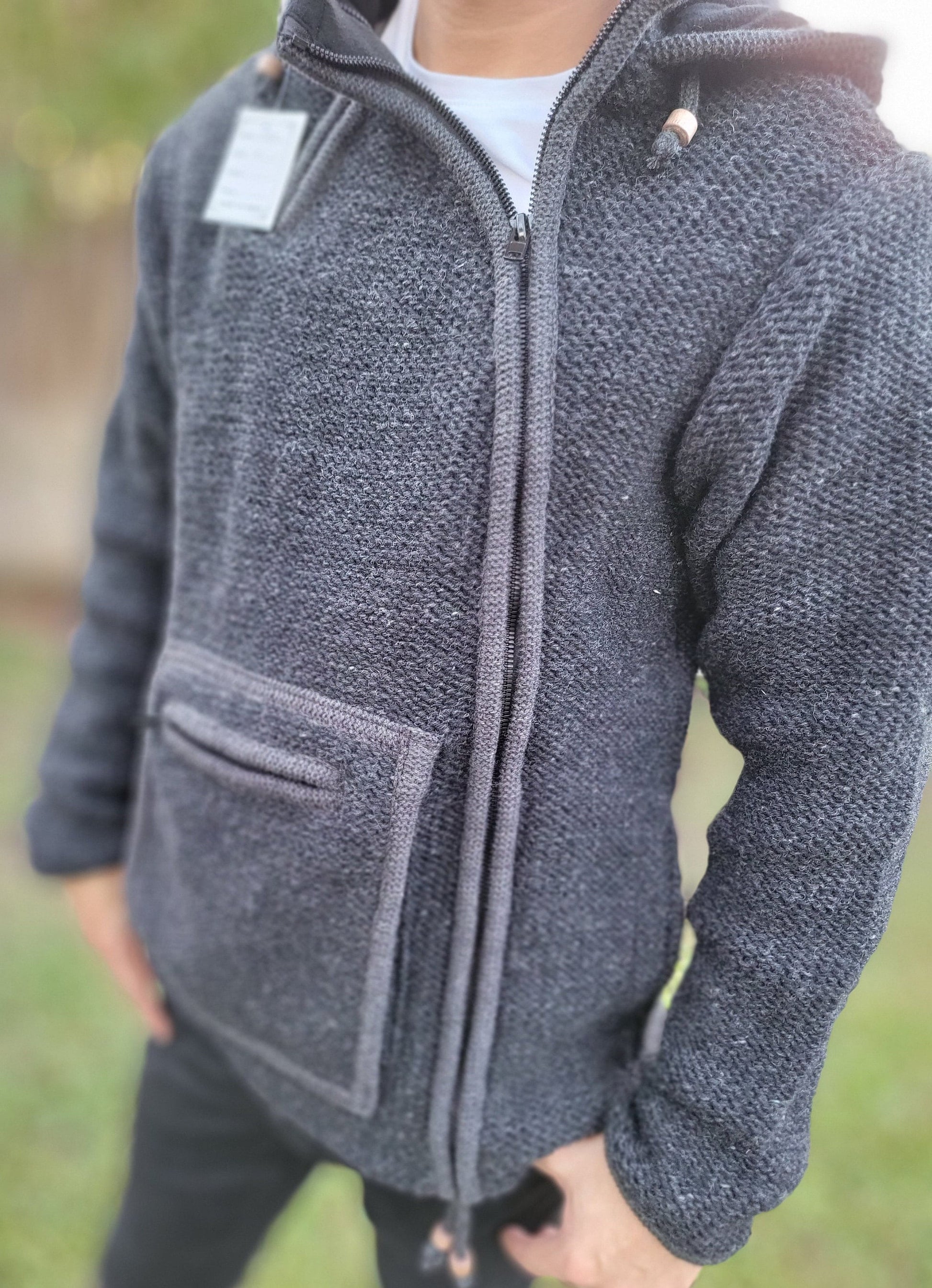 Namaste Handmade Kangaroo Pocket Fleece Lined Winter Unisex Thick Charcoal Natural Warm Pure Woolen Double Layered Jacket.