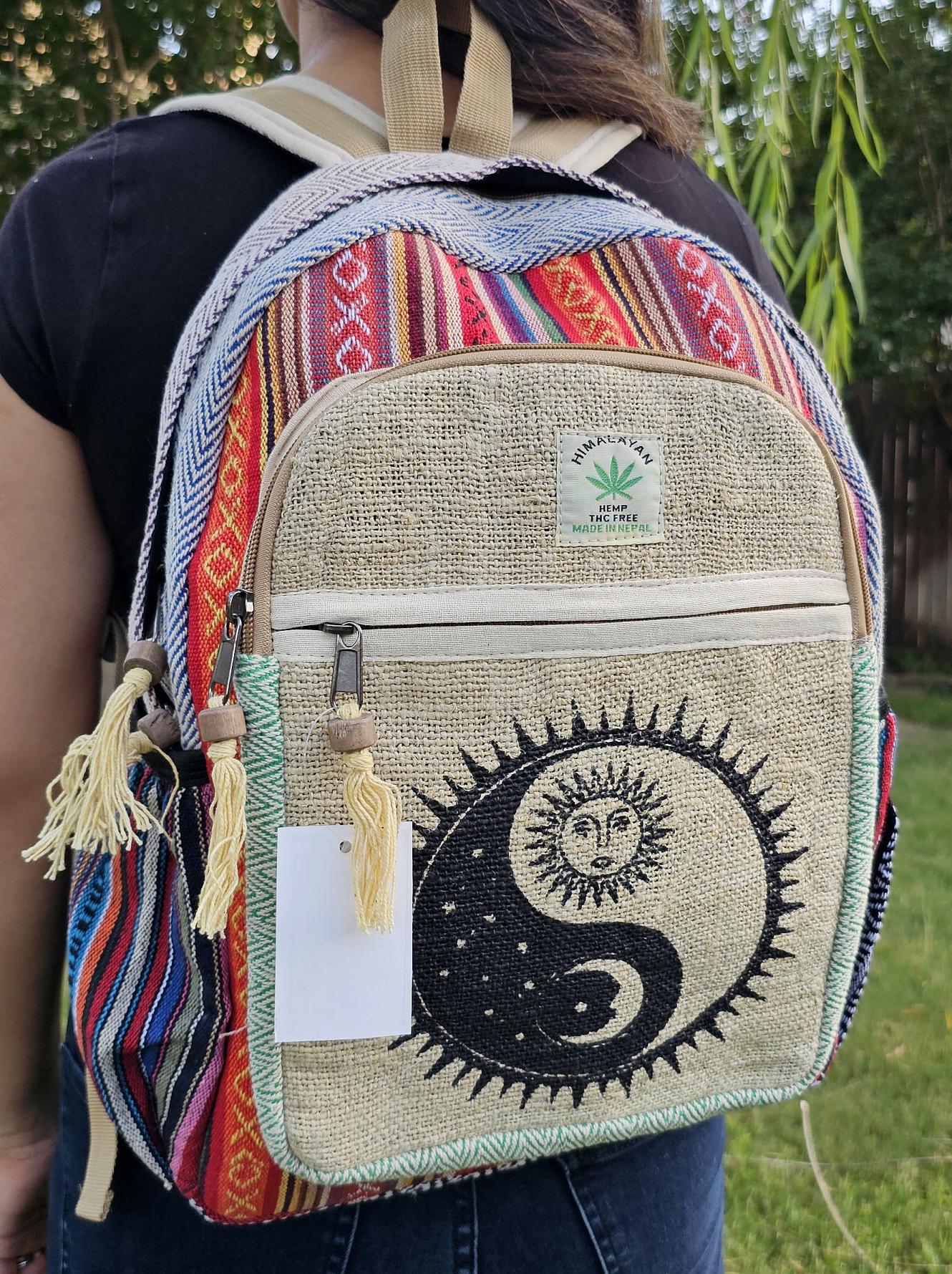 Namaste Organic Natural Himalayan Hemp with Prints Large Nepalese Boho Hippie Durable Cute Printed Unisex Backpack