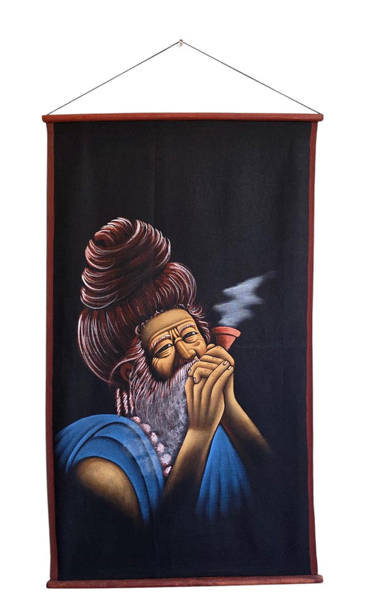 Namaste Handmade Priest Smoking Authentic Cloth Hand-Painted Wall hanging Artwork