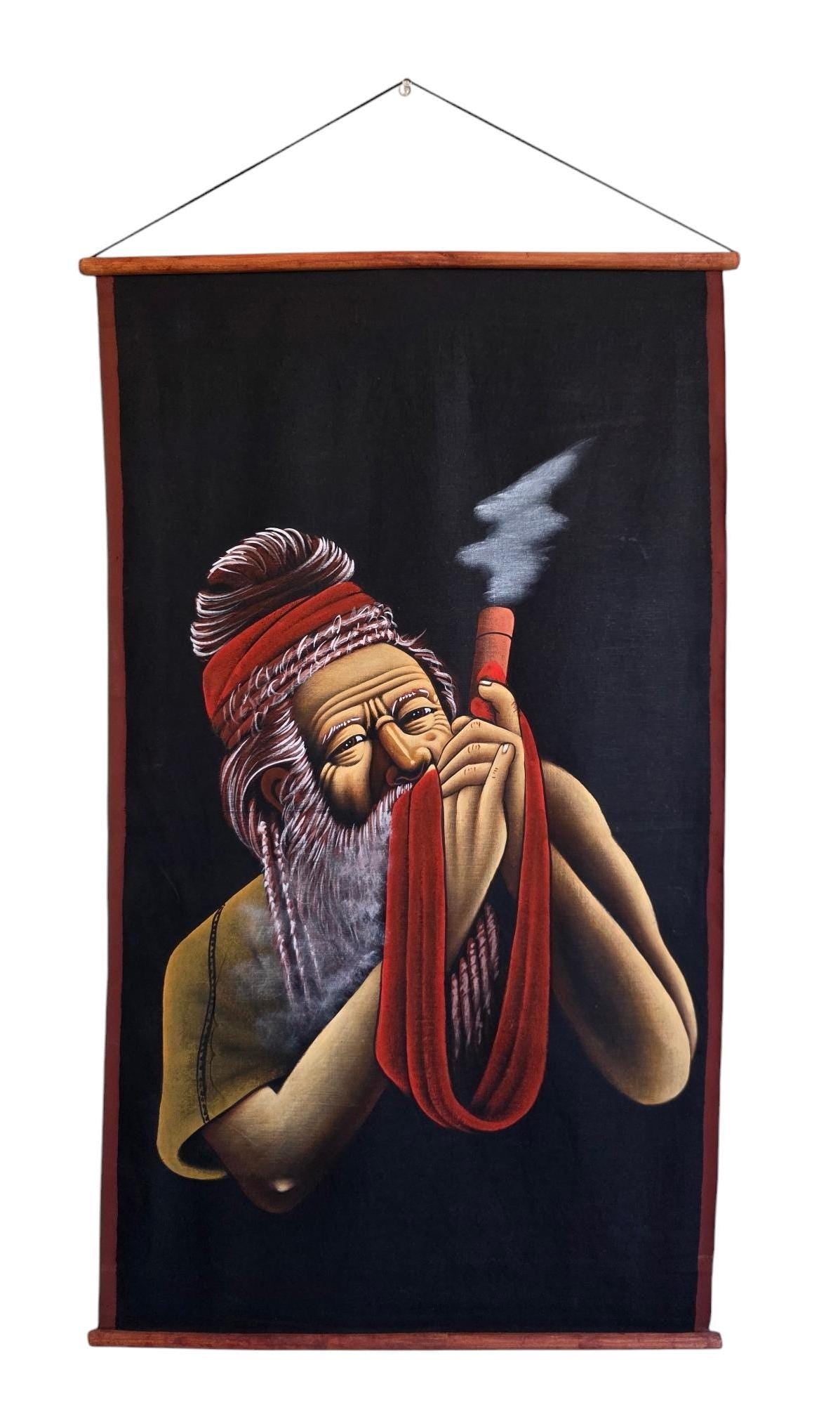 Namaste Handmade Priest Smoking Authentic Cloth Hand-Painted Wall hanging Artwork