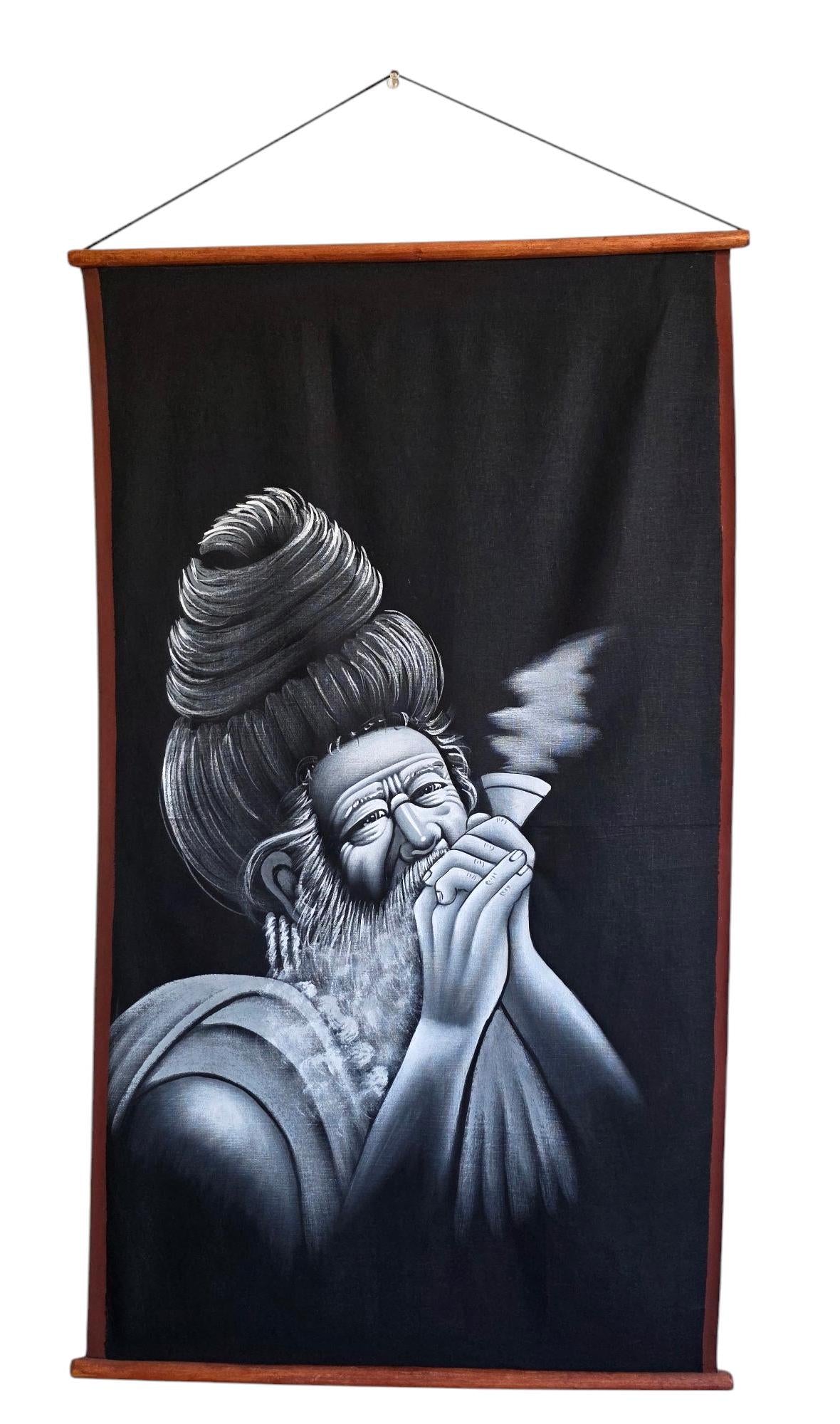 Namaste Handmade Priest Smoking Authentic Cloth Hand-Painted Wall hanging Artwork