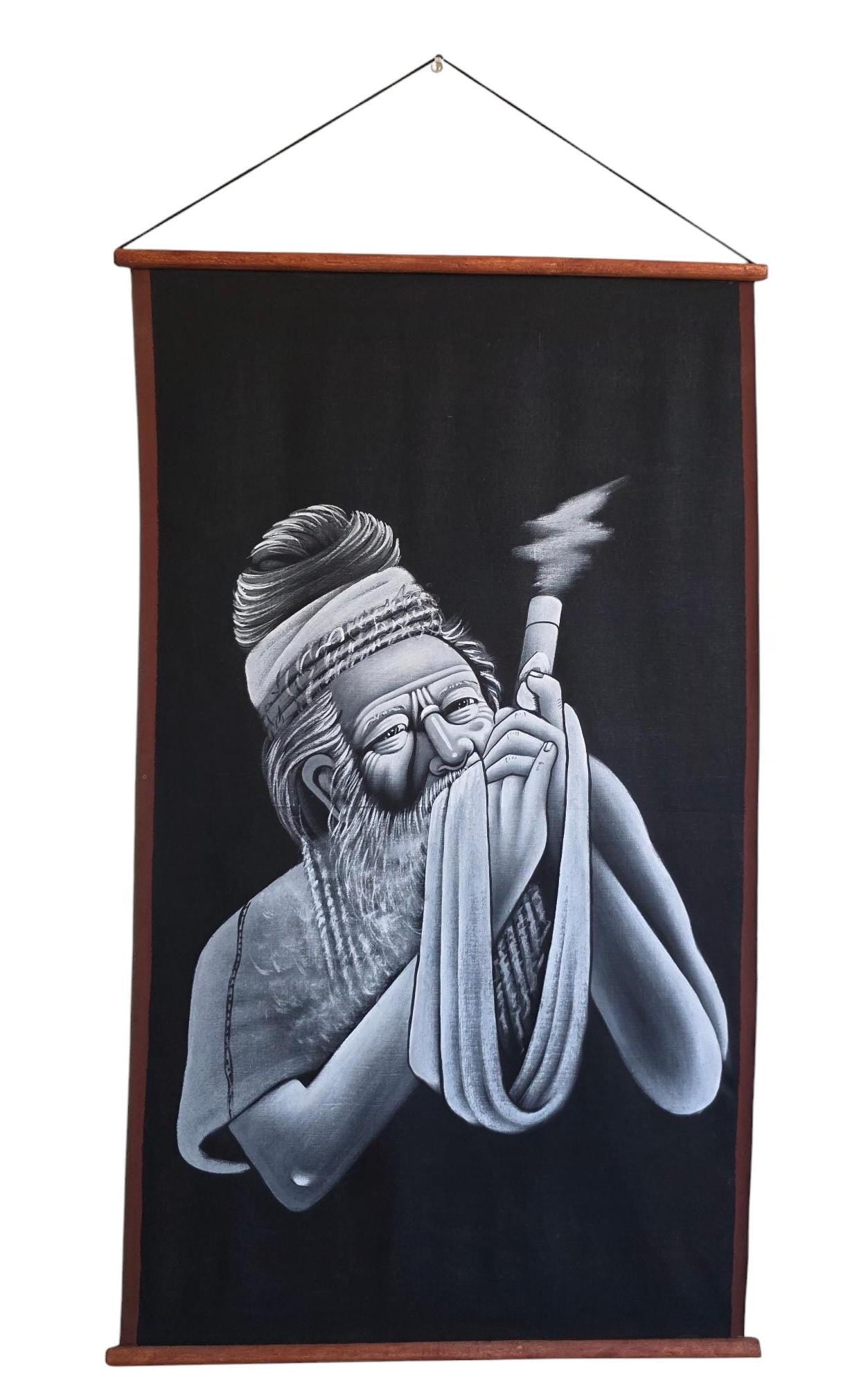 Namaste Handmade Priest Smoking Authentic Cloth Hand-Painted Wall hanging Artwork