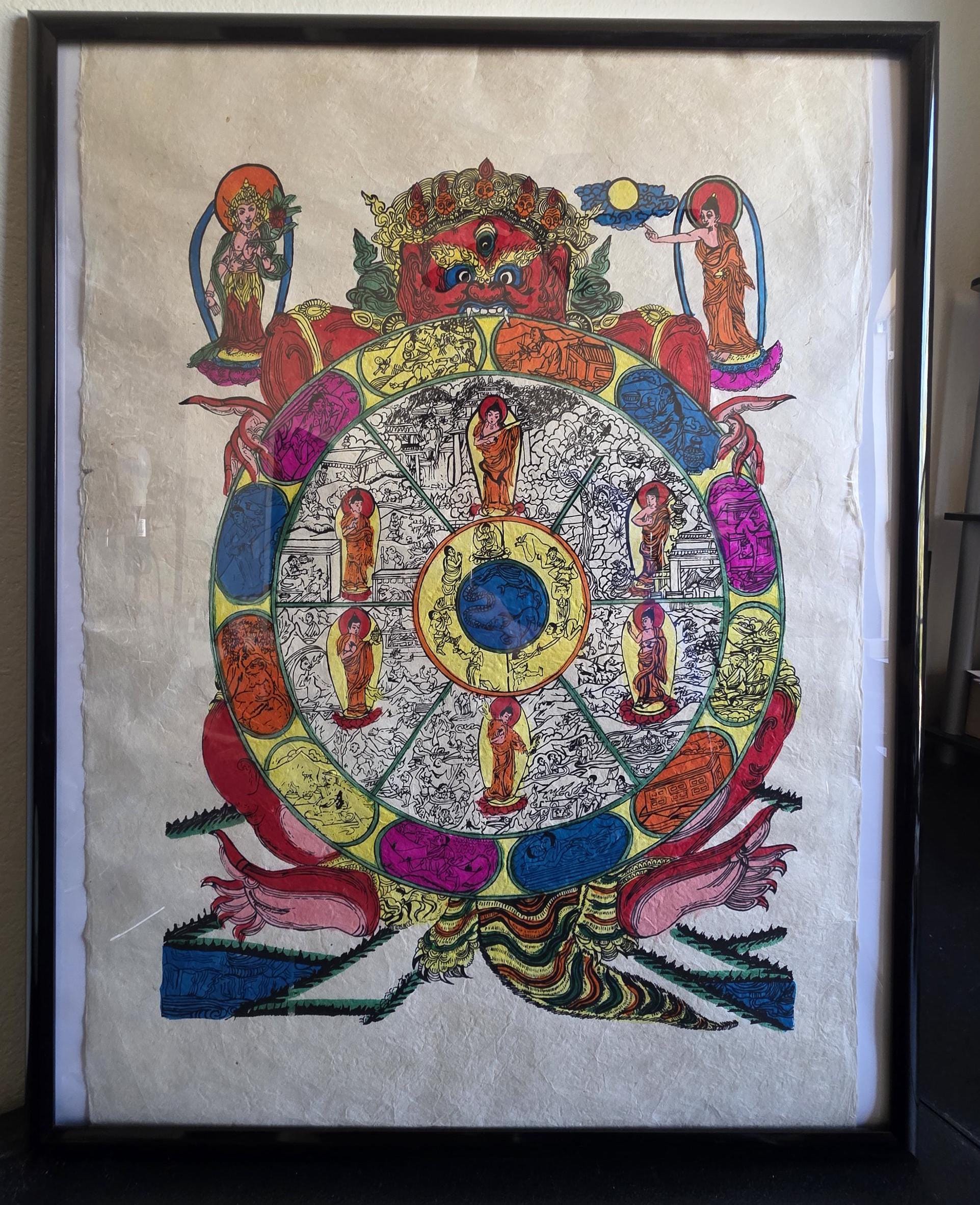 Lokta Prints of Sakyamuni Buddha, Wheels of Life, Kala Chakra, Mandala Art work Wall Hanging Crafts