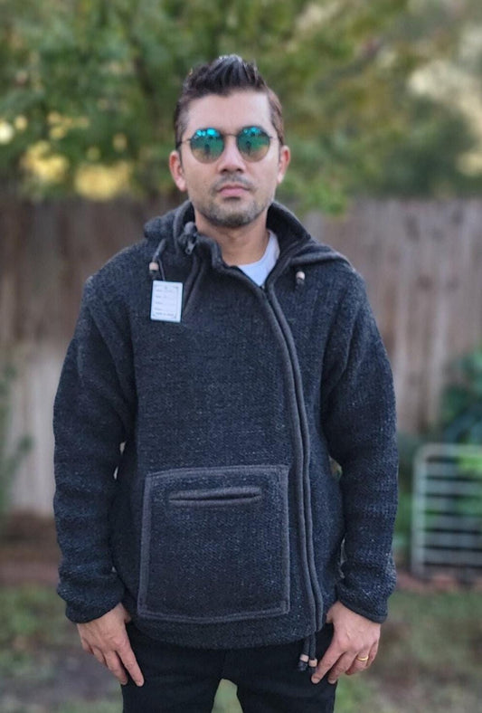 Namaste Handmade Kangaroo Pocket Fleece Lined Winter Unisex Thick Charcoal Natural Warm Pure Woolen Double Layered Jacket.