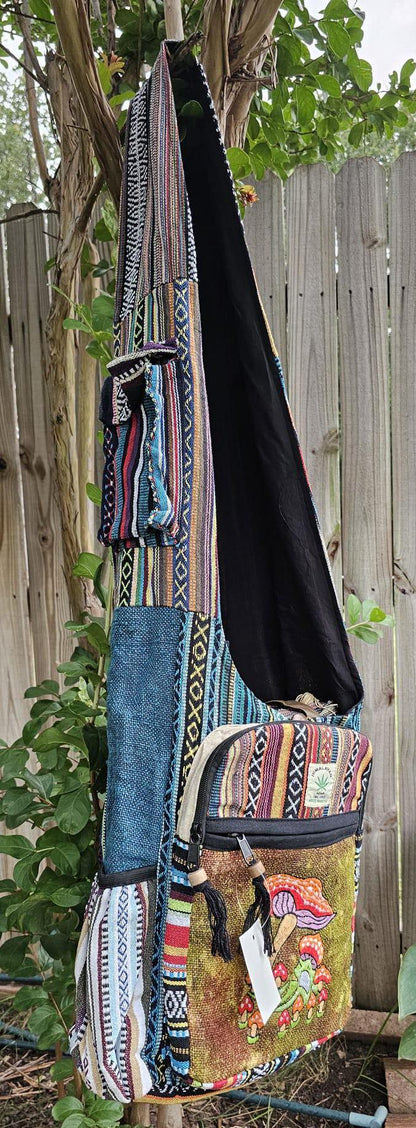 Namaste mushroom embroidery hemp unique fine cotton colorful patchwork handmade boho multi-purpose women cross body nepalese jogi bag