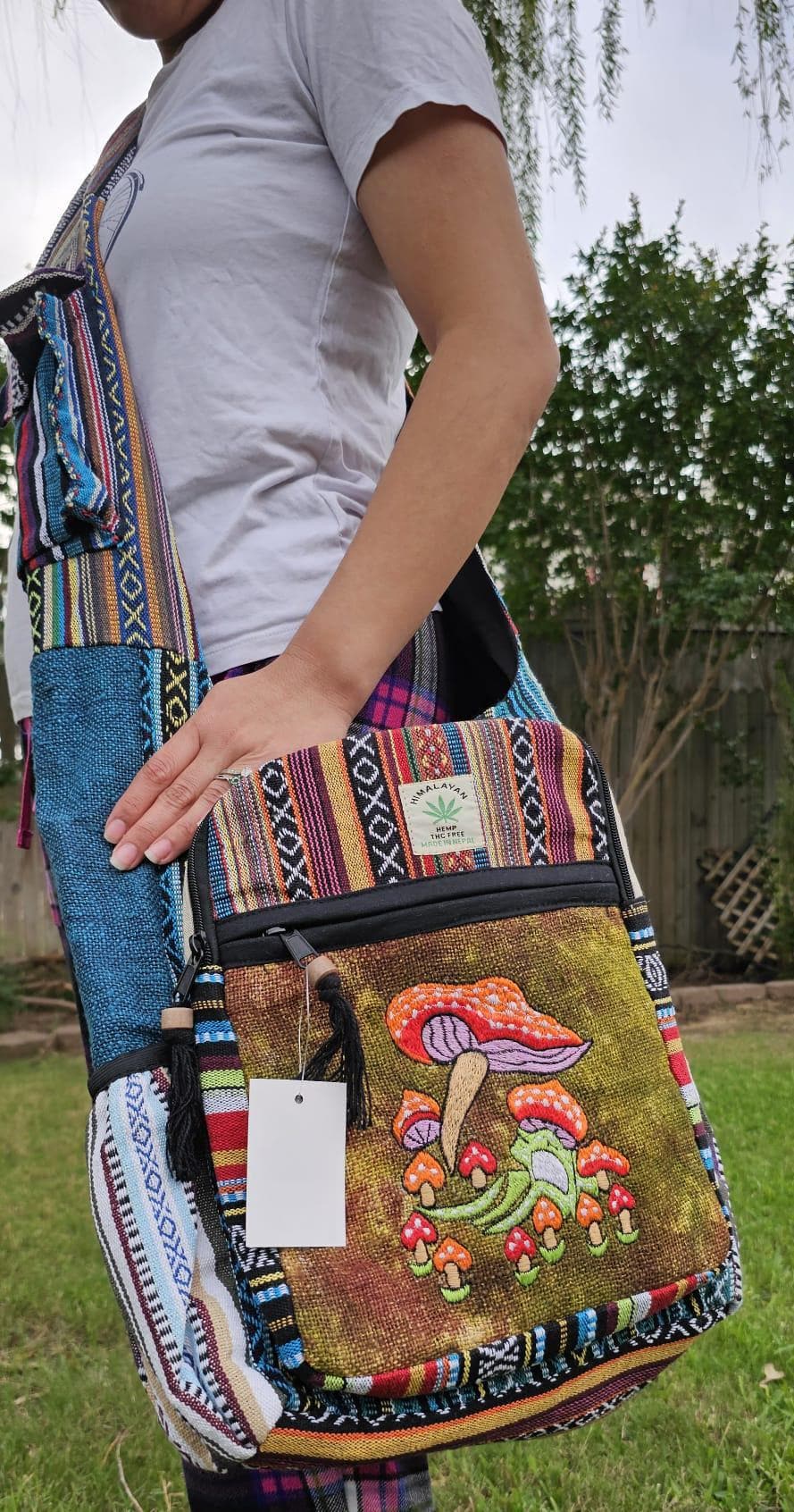 Namaste mushroom embroidery hemp unique fine cotton colorful patchwork handmade boho multi-purpose women cross body nepalese jogi bag