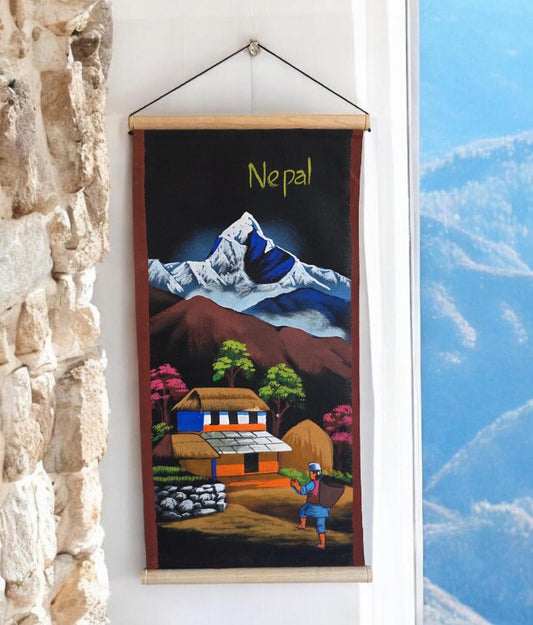 Namaste handmade mountain nepalese village authentic cloth hand-painted wall hanging artwork