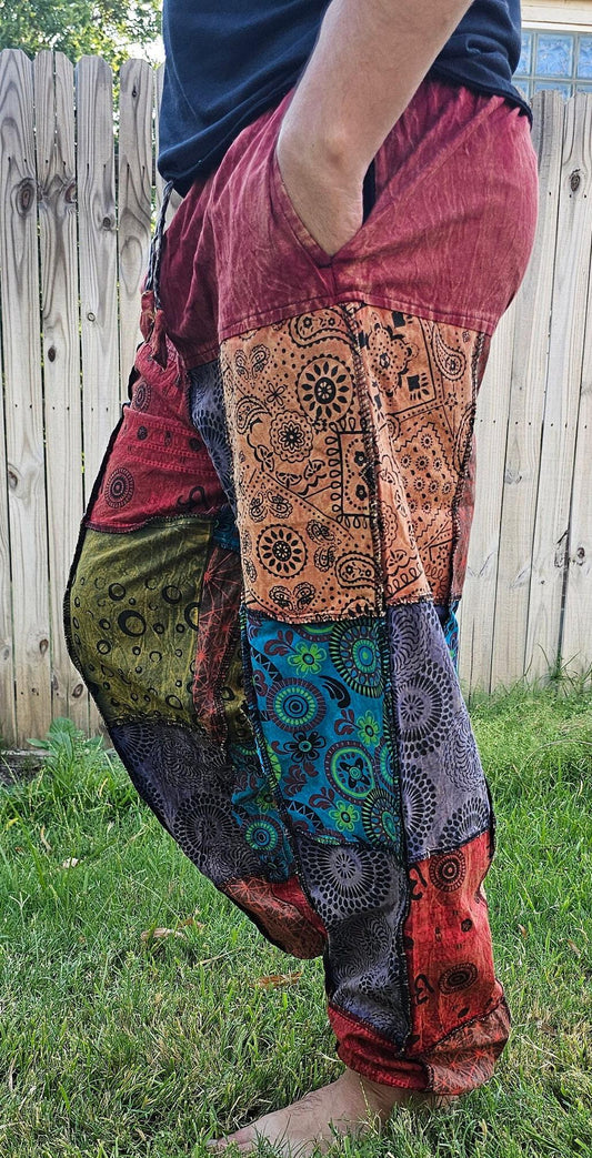 Namaste fashionable unisex multicolor handmade hippie patchwork non acidic dyed cotton boho comfy festival stonewashed yoga pants trouser