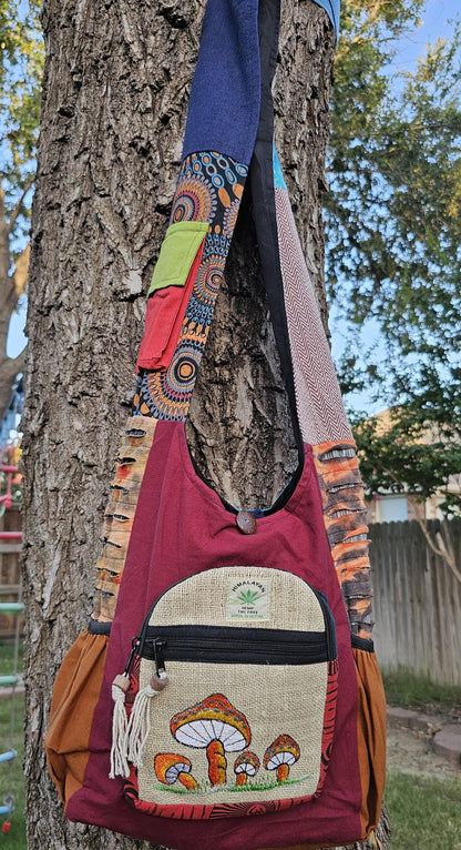 Namaste mushroom embroidery hemp unique fine cotton colorful patchwork handmade boho multi-purpose women cross body nepalese jogi bag