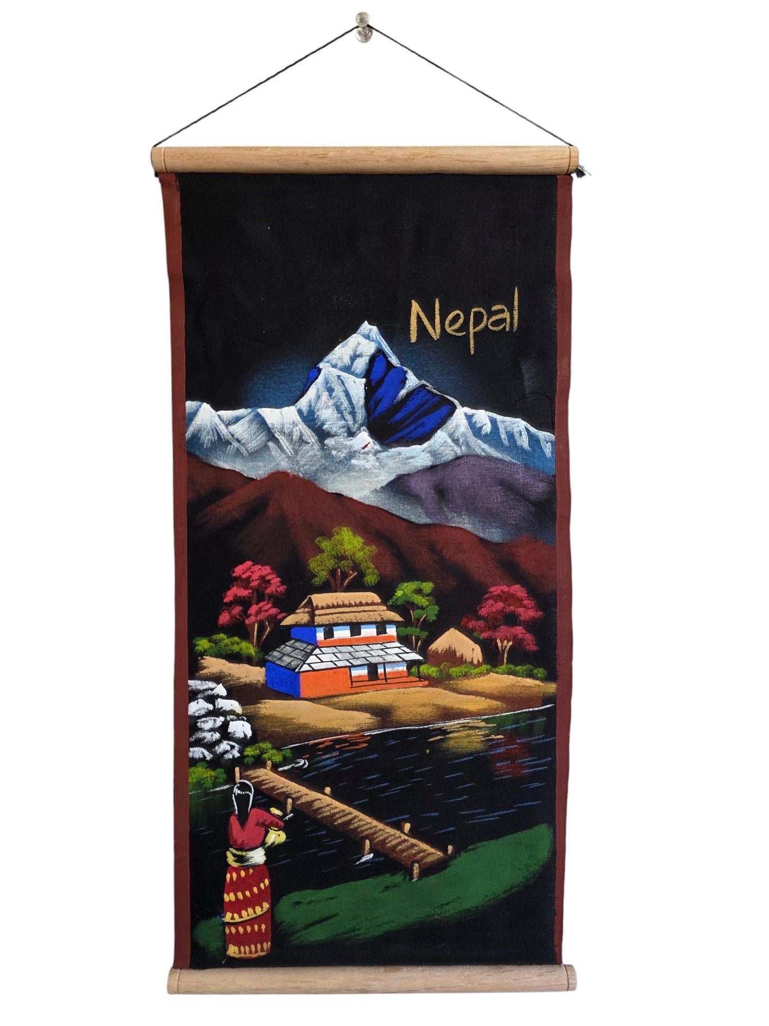 Namaste handmade mountain nepalese village authentic cloth hand-painted wall hanging artwork