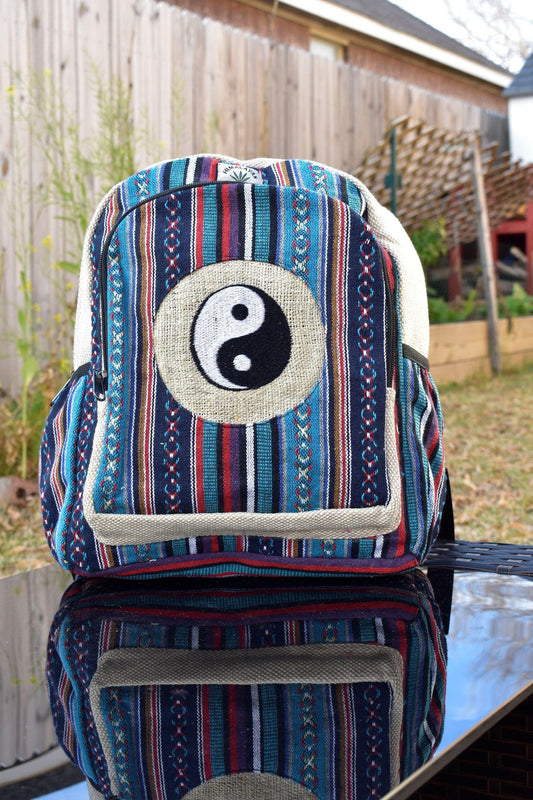 Namaste blue with yingyang embroidery fashionable unisex multicolor natural gheri with handmade organic vegan eco-friendly backpack.