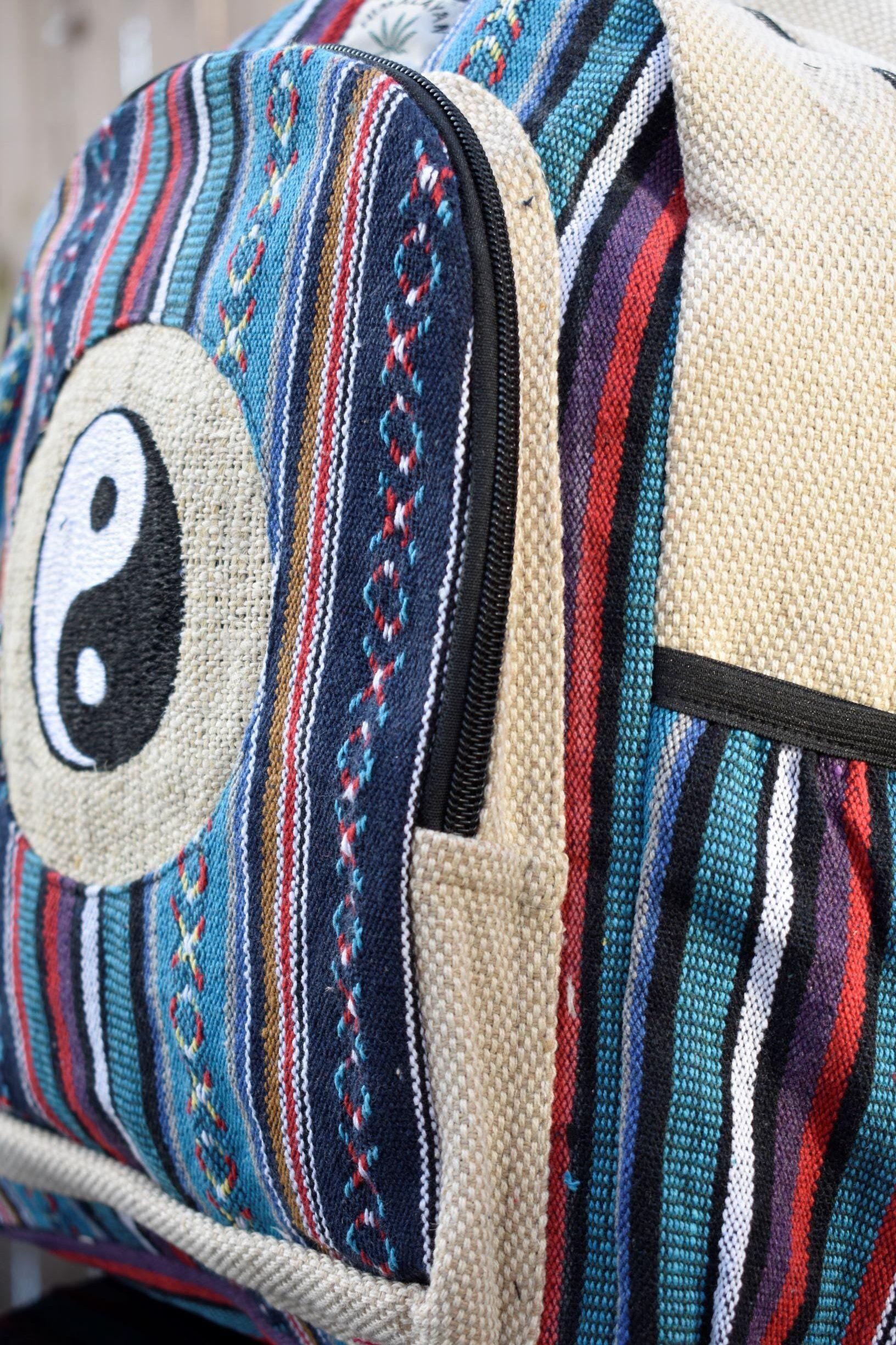 Namaste blue with yingyang embroidery fashionable unisex multicolor natural gheri with handmade organic vegan eco-friendly backpack.