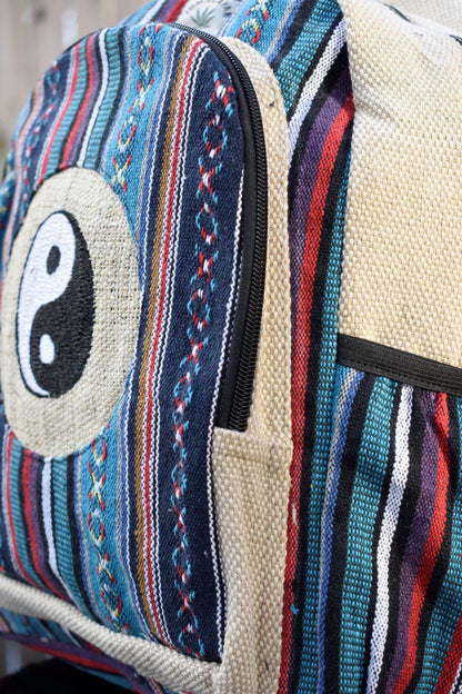 Namaste blue with yingyang embroidery fashionable unisex multicolor natural gheri with handmade organic vegan eco-friendly backpack.