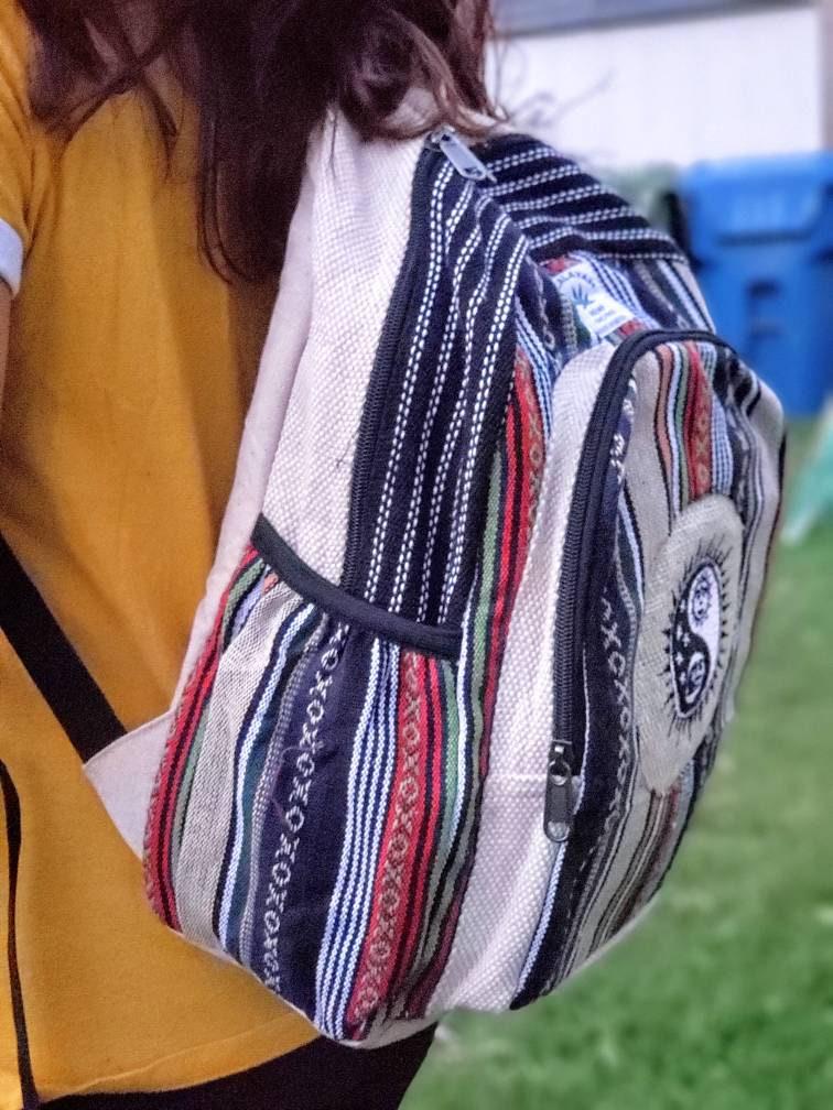 Namaste blue with yingyang embroidery fashionable unisex multicolor natural gheri with handmade organic vegan eco-friendly backpack.