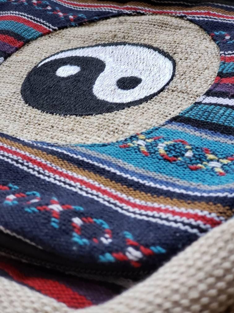 Namaste blue with yingyang embroidery fashionable unisex multicolor natural gheri with handmade organic vegan eco-friendly backpack.