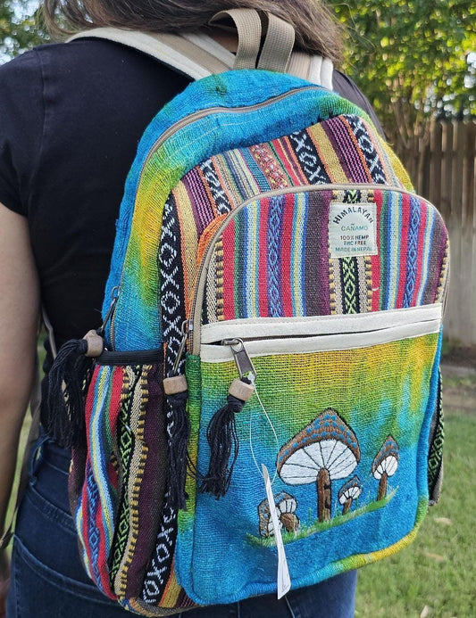 Namaste organic natural himalayan hemp with mushroom embroidery large nepalese boho hippie durable cute printed unisex backpack