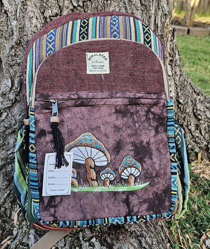 Namaste organic natural himalayan hemp with mushroom embroidery large nepalese boho hippie durable cute printed unisex backpack