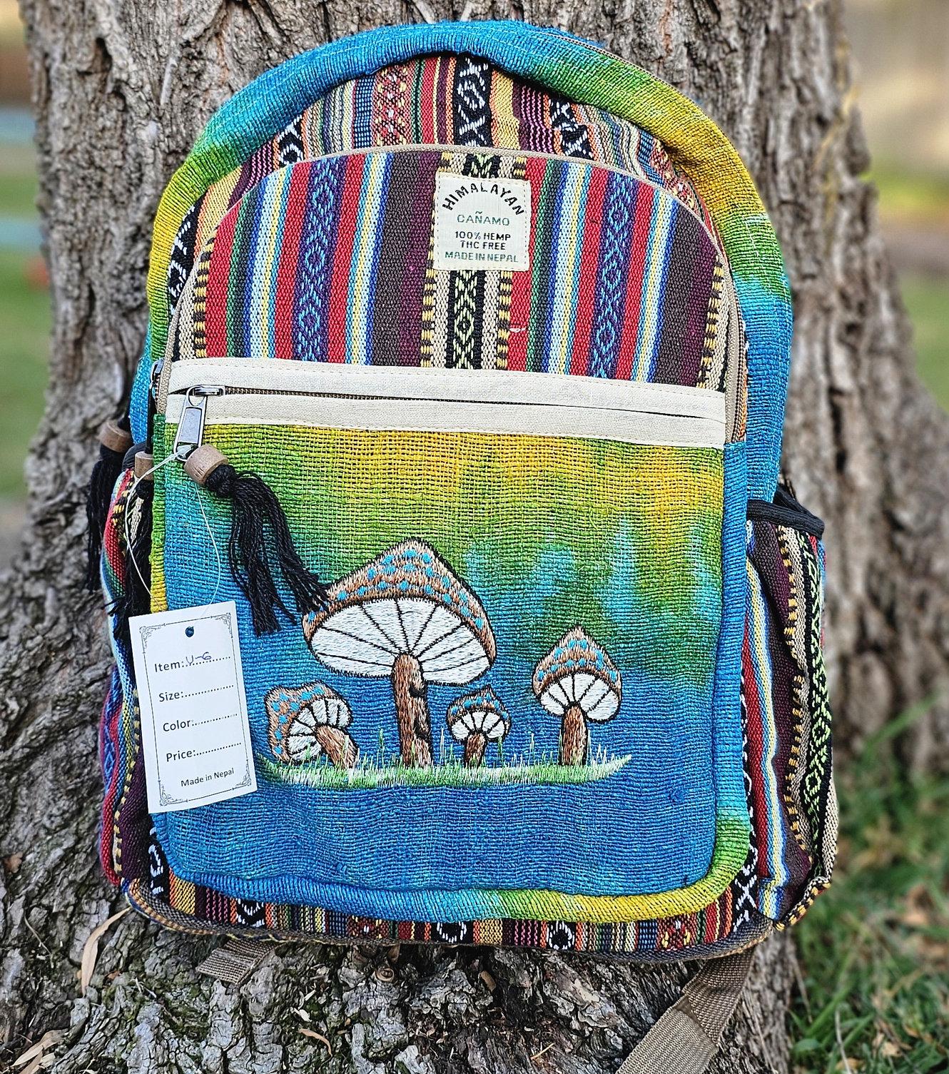 Namaste organic natural himalayan hemp with mushroom embroidery large nepalese boho hippie durable cute printed unisex backpack