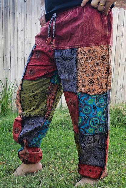 Namaste fashionable unisex multicolor handmade hippie patchwork non acidic dyed cotton boho comfy festival stonewashed yoga pants trouser