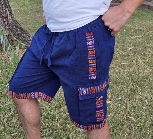 Bohemian handmade cotton unisex elastic colorful cargo shorts