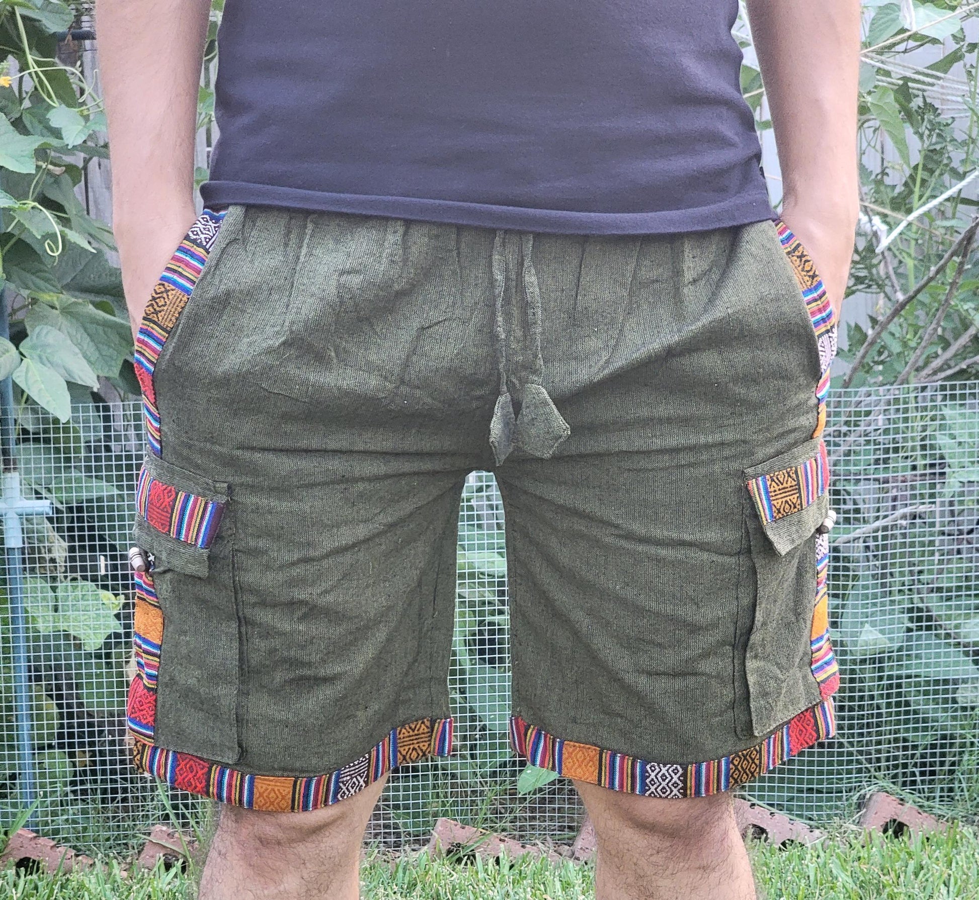 Bohemian handmade cotton unisex elastic colorful cargo shorts