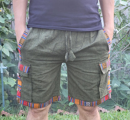 Bohemian handmade cotton unisex elastic colorful cargo shorts