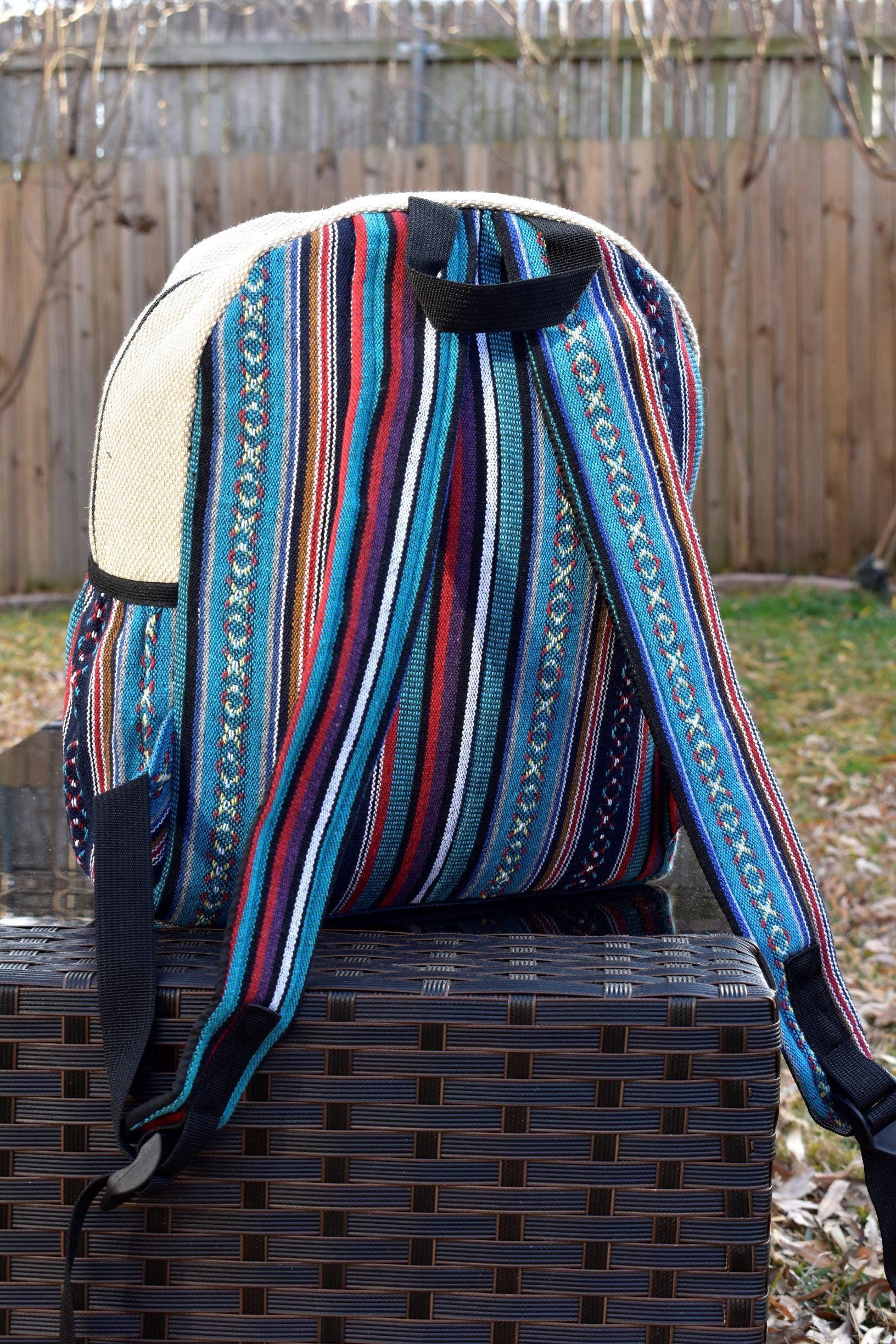 Namaste blue with yingyang embroidery fashionable unisex multicolor natural gheri with handmade organic vegan eco-friendly backpack.