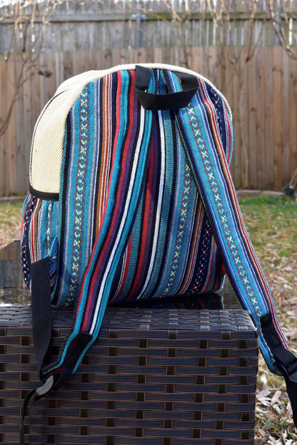Namaste blue with yingyang embroidery fashionable unisex multicolor natural gheri with handmade organic vegan eco-friendly backpack.