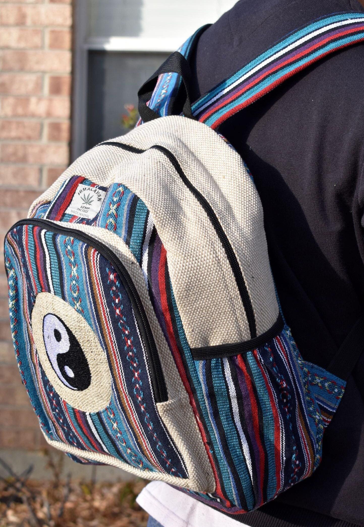 Namaste blue with yingyang embroidery fashionable unisex multicolor natural gheri with handmade organic vegan eco-friendly backpack.