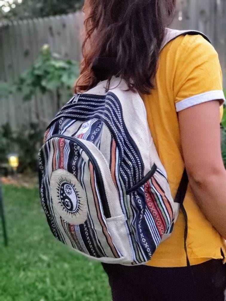 Namaste blue with yingyang embroidery fashionable unisex multicolor natural gheri with handmade organic vegan eco-friendly backpack.