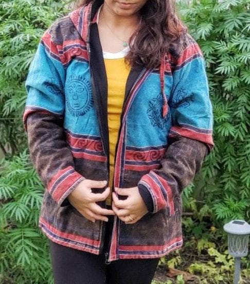 Namaste printed fashionable unisex multicolor fleece lined cotton hoodie handmade double layered jacket