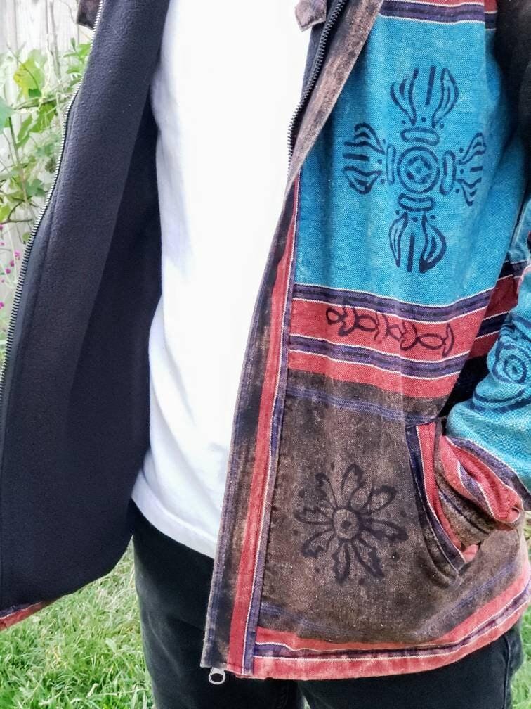 Namaste printed fashionable unisex multicolor fleece lined cotton hoodie handmade double layered jacket