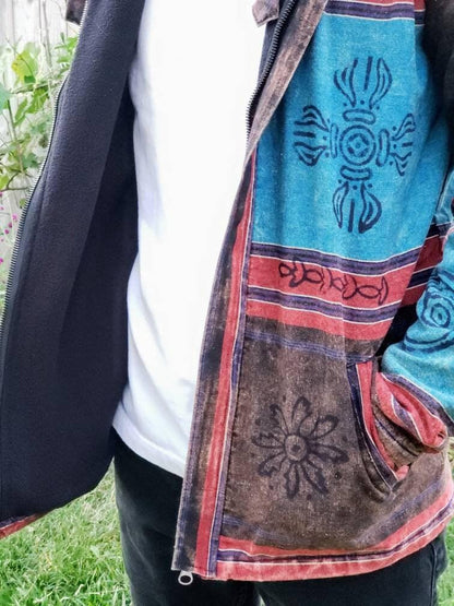 Namaste printed fashionable unisex multicolor fleece lined cotton hoodie handmade double layered jacket