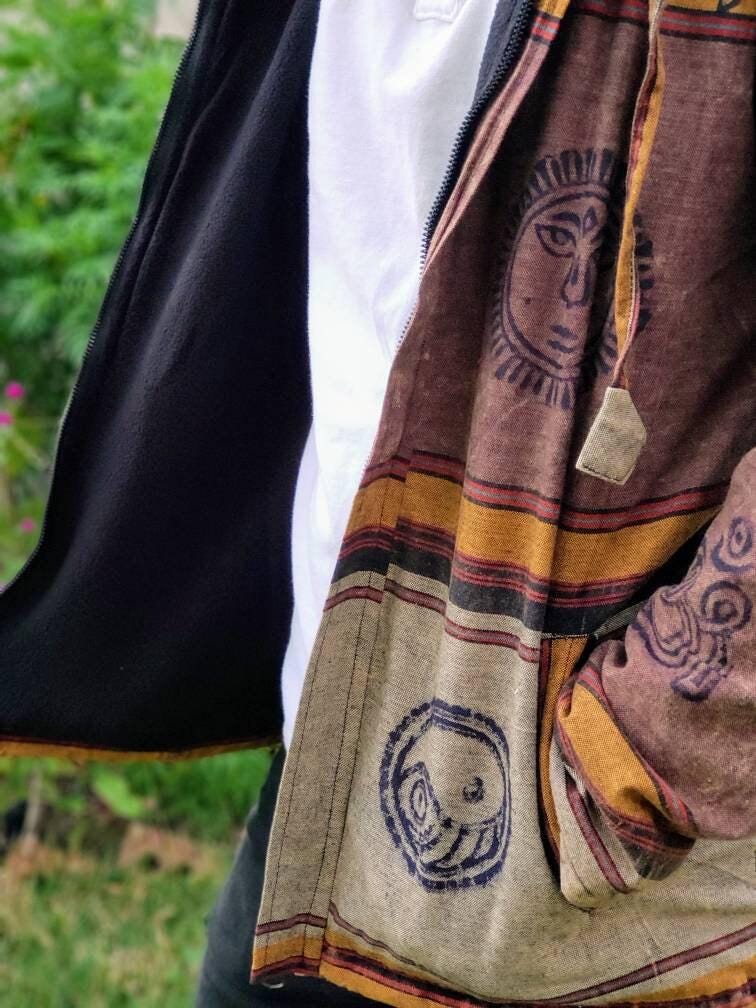 Namaste printed fashionable unisex multicolor fleece lined cotton hoodie handmade double layered jacket