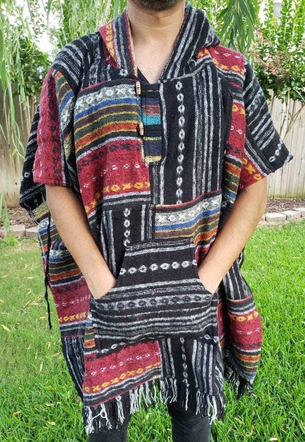 Namaste multicolor rectangular shaped aztec styled handmade beautifully hippie comfy one sized cozy poncho winter unisex cotton pullover.