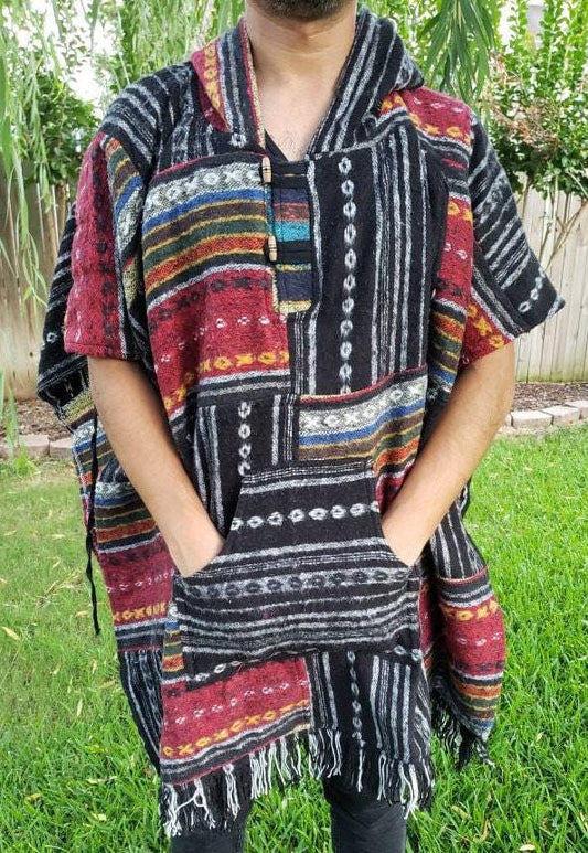 Namaste multicolor rectangular shaped aztec styled handmade beautifully hippie comfy one sized cozy poncho winter unisex cotton pullover.