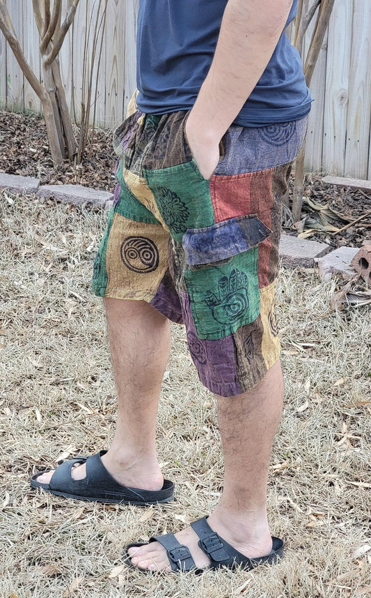 Nepalese unisex handmade colorful patchwork stonewashed prints on each patch light weight elastic waist cotton shorts