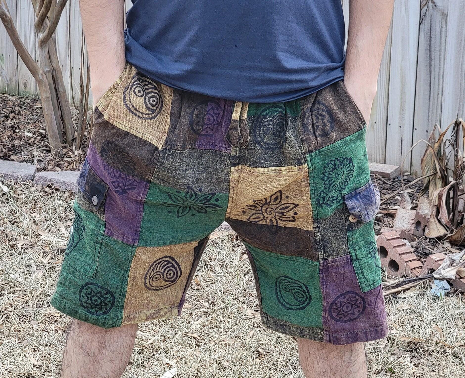 Nepalese unisex handmade colorful patchwork stonewashed prints on each patch light weight elastic waist cotton shorts