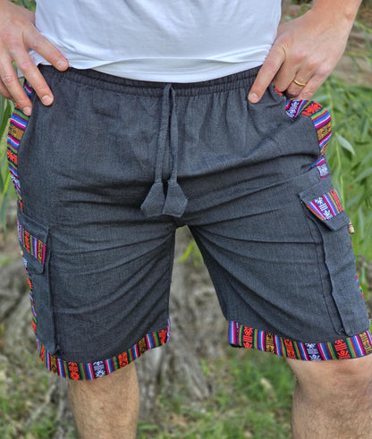 Bohemian handmade cotton unisex elastic cargo shorts