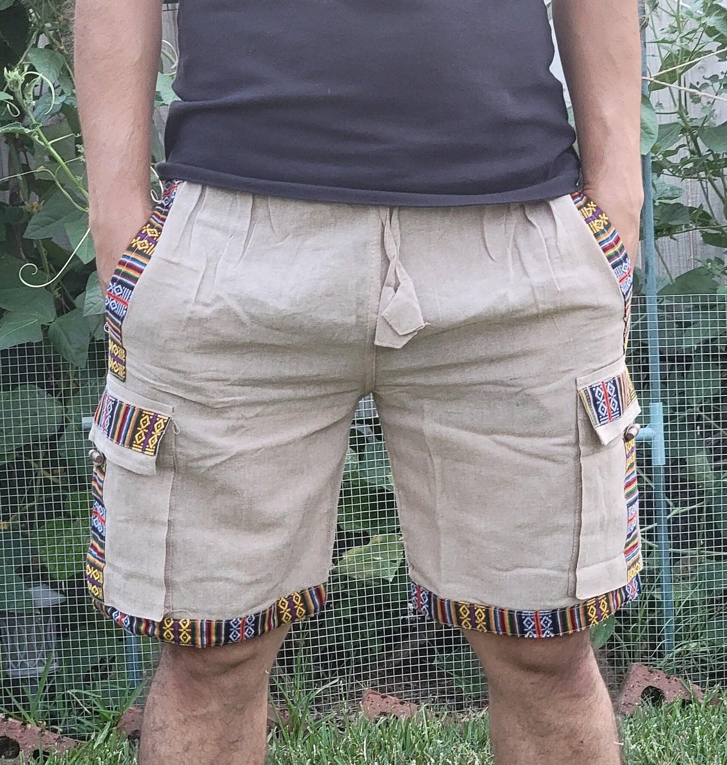Bohemian handmade cotton unisex elastic cargo shorts