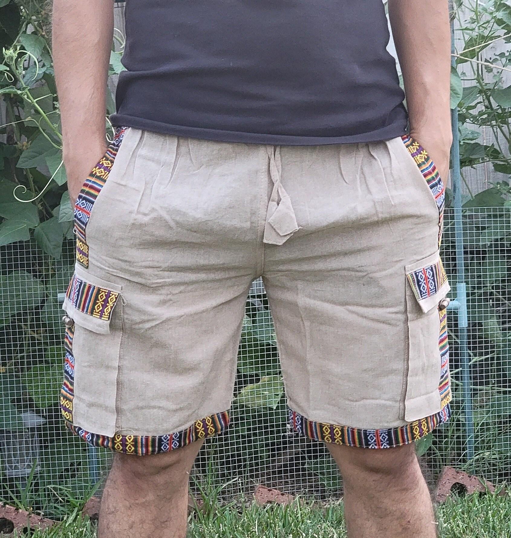 Bohemian handmade cotton unisex elastic cargo shorts