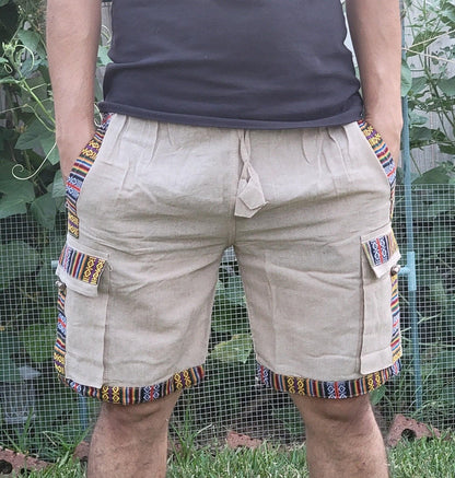 Bohemian handmade cotton unisex elastic cargo shorts