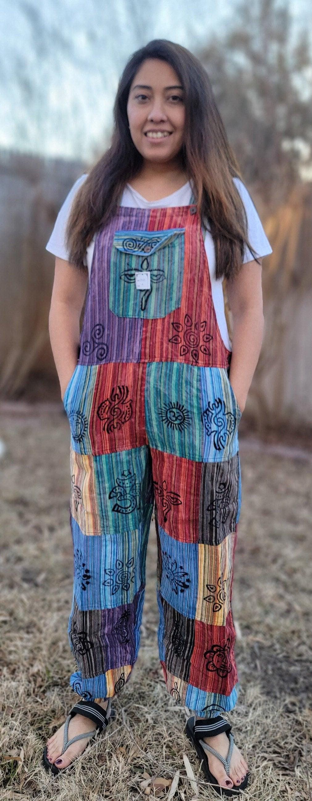 Namaste fashionable unisex multicolor stonewashed handmade hippie patchwork durable non acidic hippie cotton jumpsuit dungarees